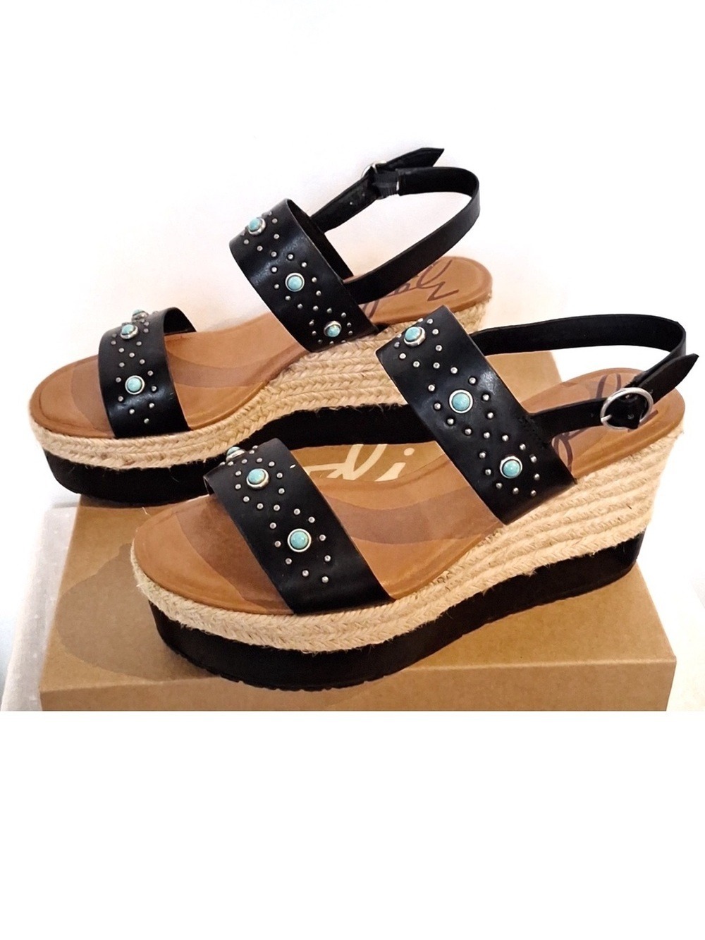 NIB-Zodiac Yana Black and Turquoise Studded Platform Wedge Espadrille Sandals 7M